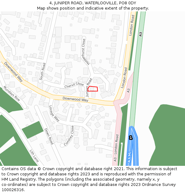 4, JUNIPER ROAD, WATERLOOVILLE, PO8 0DY: Location map and indicative extent of plot