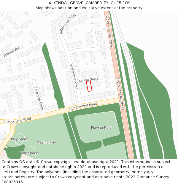 4, KENDAL GROVE, CAMBERLEY, GU15 1QY: Location map and indicative extent of plot