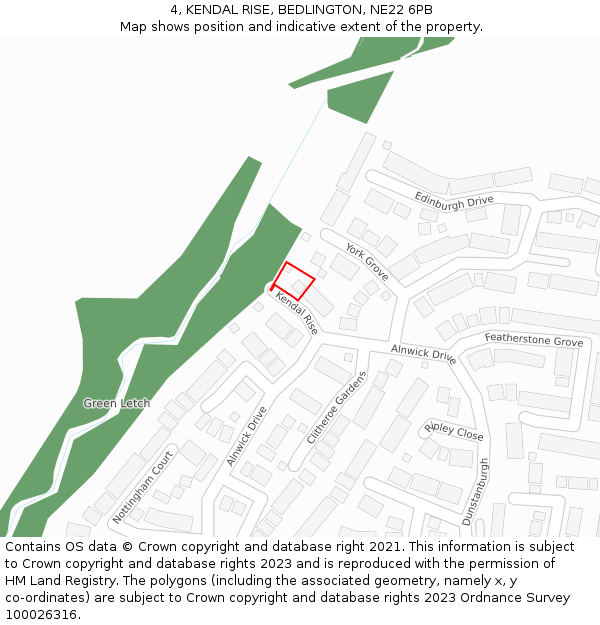 4, KENDAL RISE, BEDLINGTON, NE22 6PB: Location map and indicative extent of plot