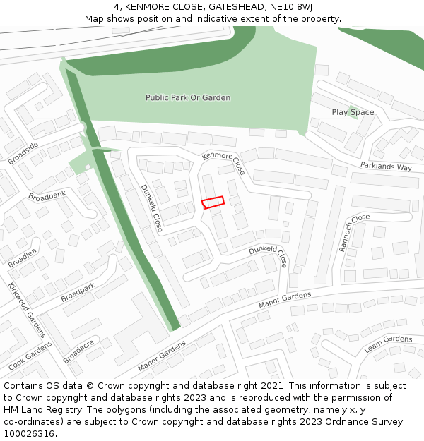 4, KENMORE CLOSE, GATESHEAD, NE10 8WJ: Location map and indicative extent of plot