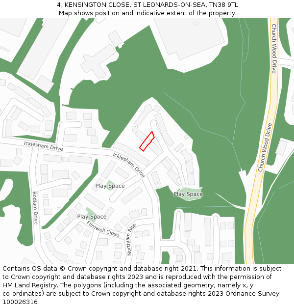 4, KENSINGTON CLOSE, ST LEONARDS-ON-SEA, TN38 9TL: Location map and indicative extent of plot