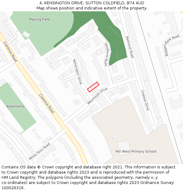 4, KENSINGTON DRIVE, SUTTON COLDFIELD, B74 4UD: Location map and indicative extent of plot