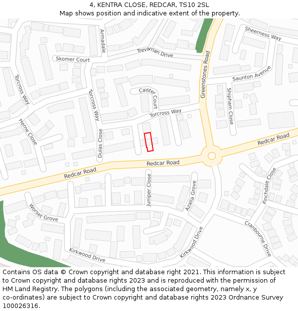 4, KENTRA CLOSE, REDCAR, TS10 2SL: Location map and indicative extent of plot