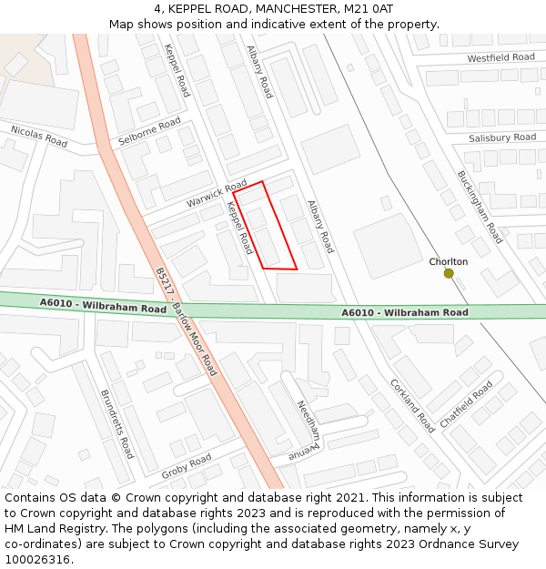 4, KEPPEL ROAD, MANCHESTER, M21 0AT: Location map and indicative extent of plot