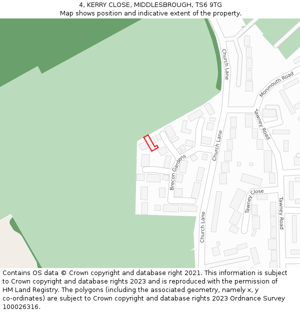 4, KERRY CLOSE, MIDDLESBROUGH, TS6 9TG: Location map and indicative extent of plot