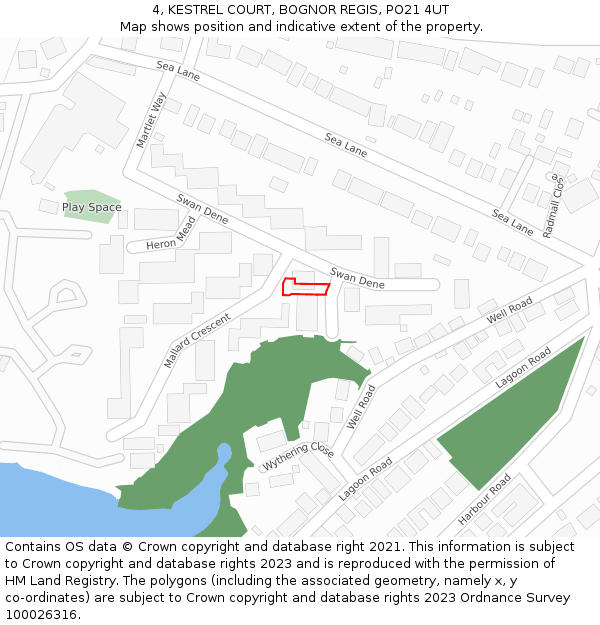 4, KESTREL COURT, BOGNOR REGIS, PO21 4UT: Location map and indicative extent of plot