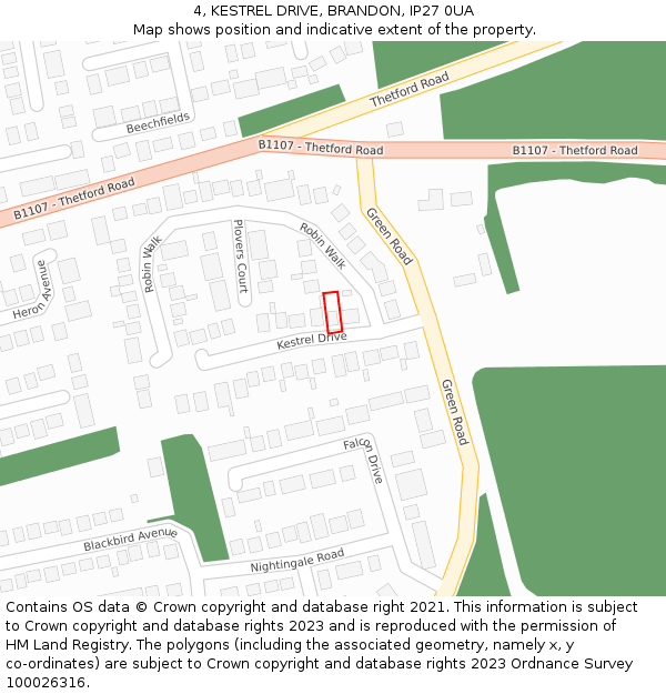 4, KESTREL DRIVE, BRANDON, IP27 0UA: Location map and indicative extent of plot