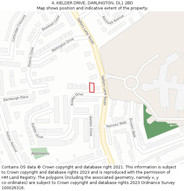 4, KIELDER DRIVE, DARLINGTON, DL1 2BD: Location map and indicative extent of plot