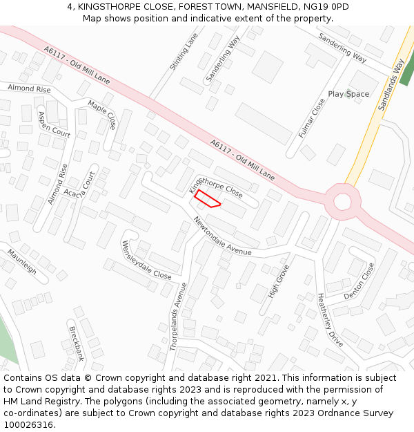 4, KINGSTHORPE CLOSE, FOREST TOWN, MANSFIELD, NG19 0PD: Location map and indicative extent of plot