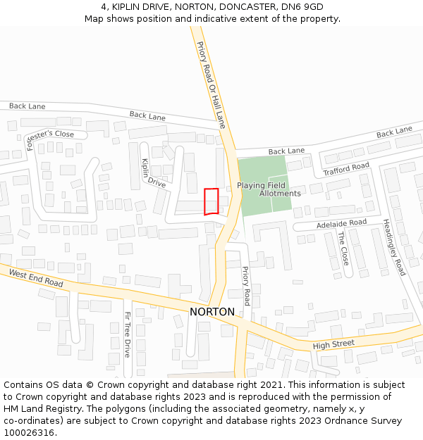 4, KIPLIN DRIVE, NORTON, DONCASTER, DN6 9GD: Location map and indicative extent of plot