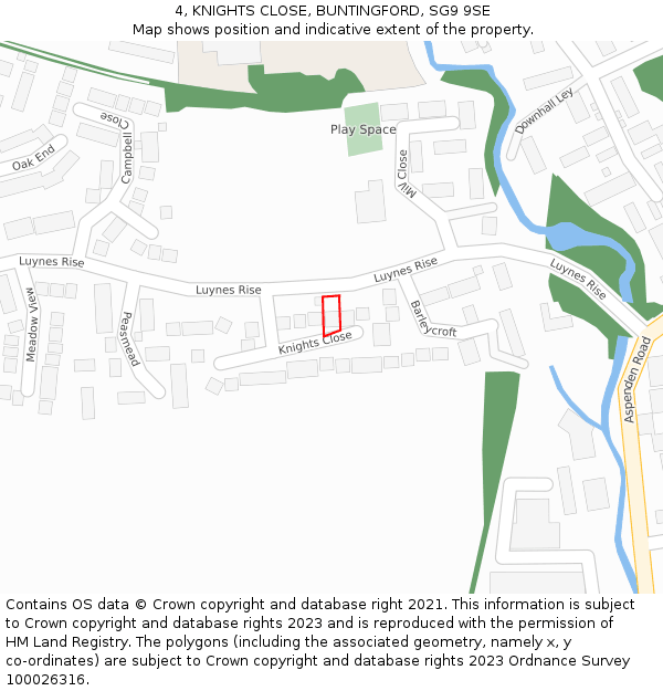 4, KNIGHTS CLOSE, BUNTINGFORD, SG9 9SE: Location map and indicative extent of plot