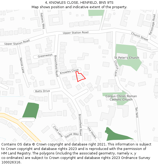 4, KNOWLES CLOSE, HENFIELD, BN5 9TS: Location map and indicative extent of plot