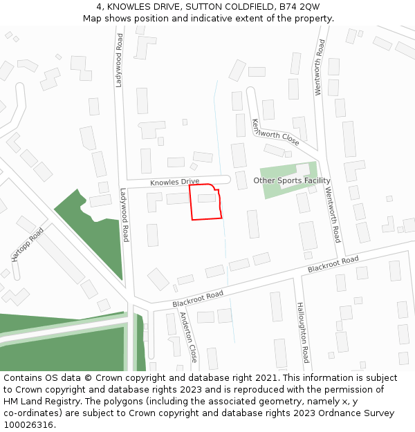 4, KNOWLES DRIVE, SUTTON COLDFIELD, B74 2QW: Location map and indicative extent of plot