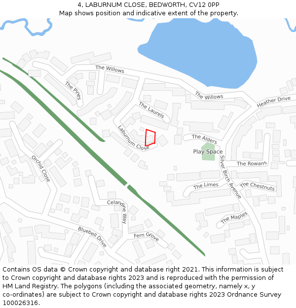 4, LABURNUM CLOSE, BEDWORTH, CV12 0PP: Location map and indicative extent of plot