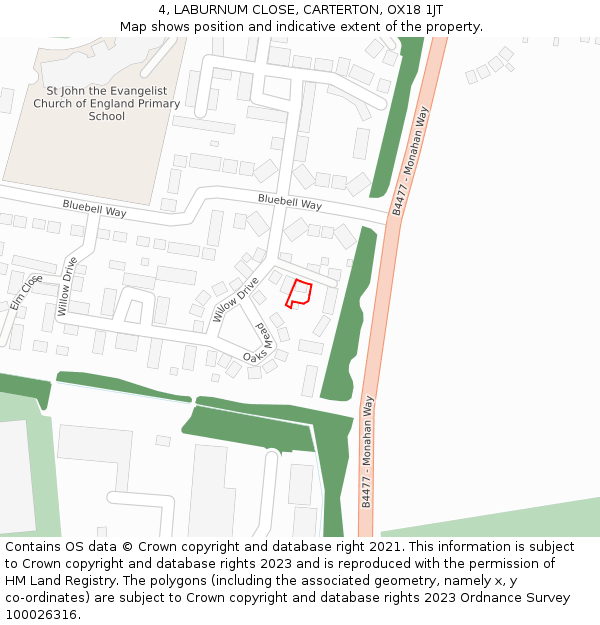 4, LABURNUM CLOSE, CARTERTON, OX18 1JT: Location map and indicative extent of plot