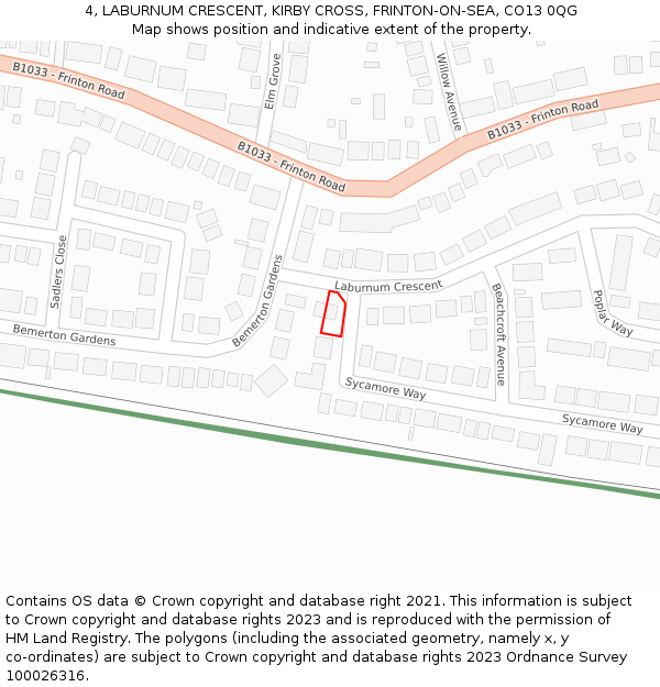 4, LABURNUM CRESCENT, KIRBY CROSS, FRINTON-ON-SEA, CO13 0QG: Location map and indicative extent of plot