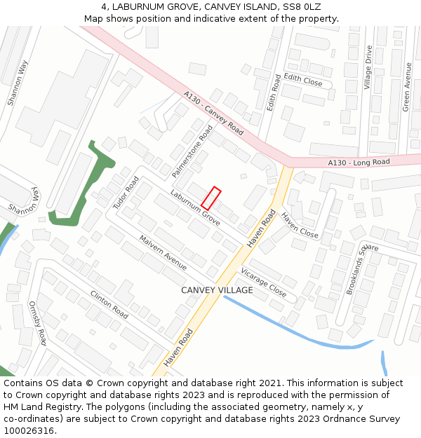 4, LABURNUM GROVE, CANVEY ISLAND, SS8 0LZ: Location map and indicative extent of plot