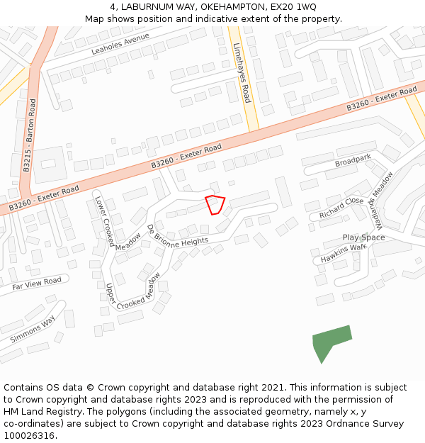 4, LABURNUM WAY, OKEHAMPTON, EX20 1WQ: Location map and indicative extent of plot