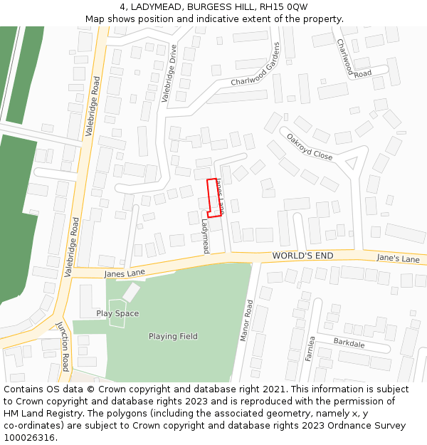 4, LADYMEAD, BURGESS HILL, RH15 0QW: Location map and indicative extent of plot