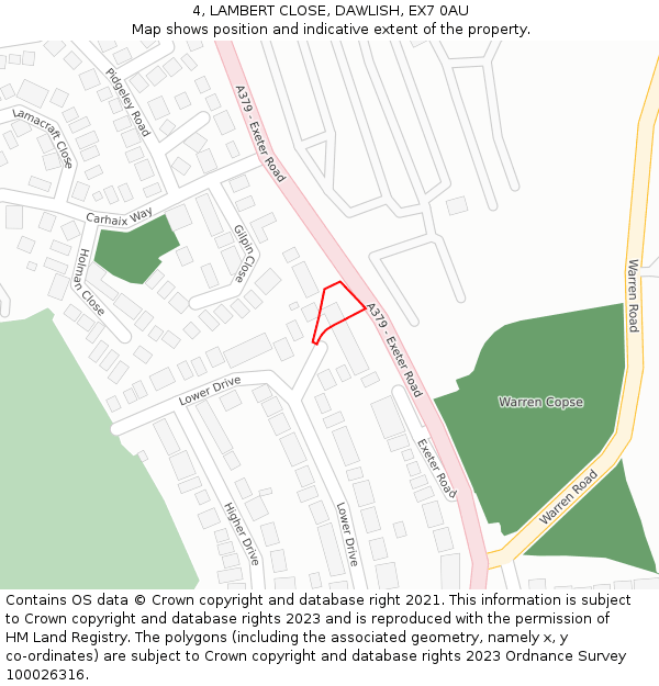 4, LAMBERT CLOSE, DAWLISH, EX7 0AU: Location map and indicative extent of plot