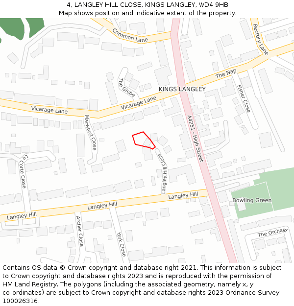 4, LANGLEY HILL CLOSE, KINGS LANGLEY, WD4 9HB: Location map and indicative extent of plot