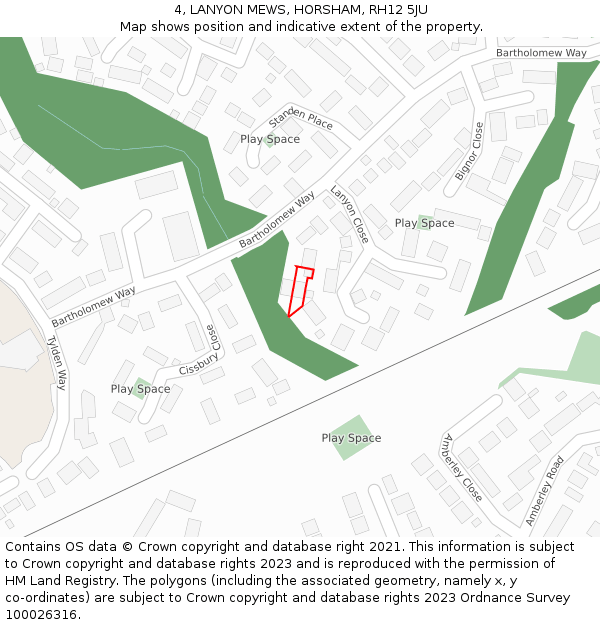 4, LANYON MEWS, HORSHAM, RH12 5JU: Location map and indicative extent of plot