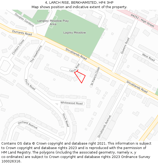 4, LARCH RISE, BERKHAMSTED, HP4 3HP: Location map and indicative extent of plot