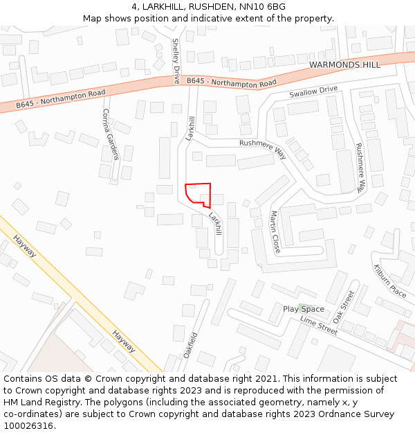 4, LARKHILL, RUSHDEN, NN10 6BG: Location map and indicative extent of plot