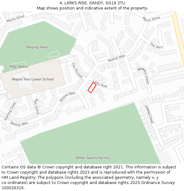 4, LARKS RISE, SANDY, SG19 2TU: Location map and indicative extent of plot