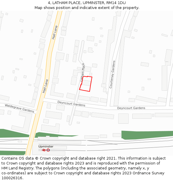 4, LATHAM PLACE, UPMINSTER, RM14 1DU: Location map and indicative extent of plot