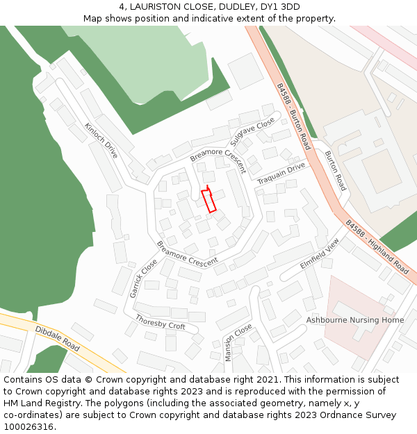 4, LAURISTON CLOSE, DUDLEY, DY1 3DD: Location map and indicative extent of plot