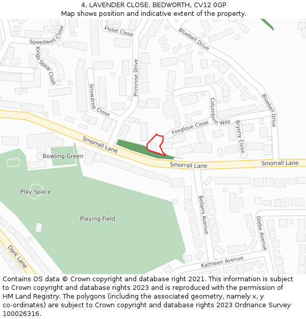 4, LAVENDER CLOSE, BEDWORTH, CV12 0GP: Location map and indicative extent of plot