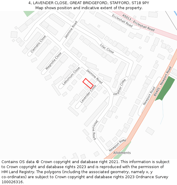 4, LAVENDER CLOSE, GREAT BRIDGEFORD, STAFFORD, ST18 9PY: Location map and indicative extent of plot