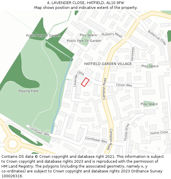 4, LAVENDER CLOSE, HATFIELD, AL10 9FW: Location map and indicative extent of plot