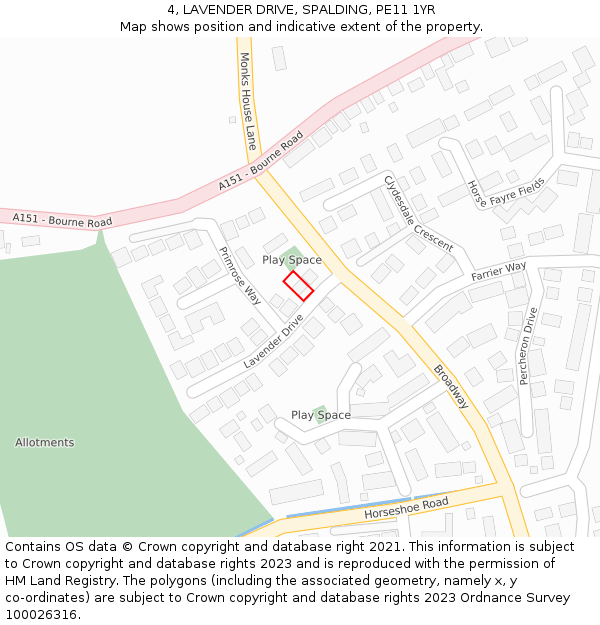 4, LAVENDER DRIVE, SPALDING, PE11 1YR: Location map and indicative extent of plot