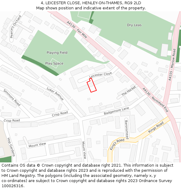 4, LEICESTER CLOSE, HENLEY-ON-THAMES, RG9 2LD: Location map and indicative extent of plot