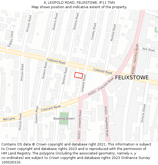 4, LEOPOLD ROAD, FELIXSTOWE, IP11 7NN: Location map and indicative extent of plot
