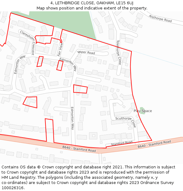 4, LETHBRIDGE CLOSE, OAKHAM, LE15 6UJ: Location map and indicative extent of plot