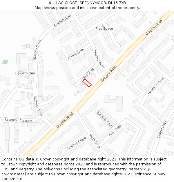 4, LILAC CLOSE, SPENNYMOOR, DL16 7YB: Location map and indicative extent of plot