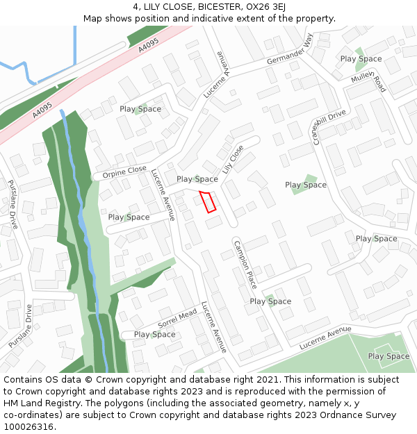 4, LILY CLOSE, BICESTER, OX26 3EJ: Location map and indicative extent of plot