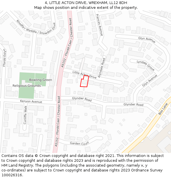 4, LITTLE ACTON DRIVE, WREXHAM, LL12 8DH: Location map and indicative extent of plot