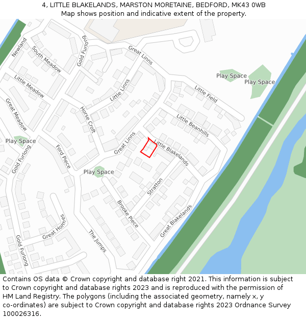 4, LITTLE BLAKELANDS, MARSTON MORETAINE, BEDFORD, MK43 0WB: Location map and indicative extent of plot