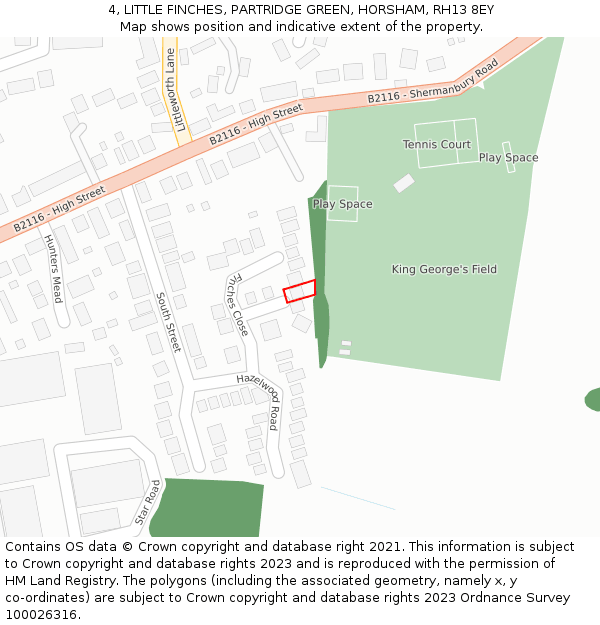 4, LITTLE FINCHES, PARTRIDGE GREEN, HORSHAM, RH13 8EY: Location map and indicative extent of plot