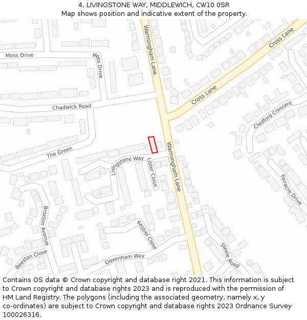 4, LIVINGSTONE WAY, MIDDLEWICH, CW10 0SR: Location map and indicative extent of plot