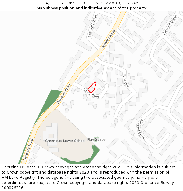 4, LOCHY DRIVE, LEIGHTON BUZZARD, LU7 2XY: Location map and indicative extent of plot