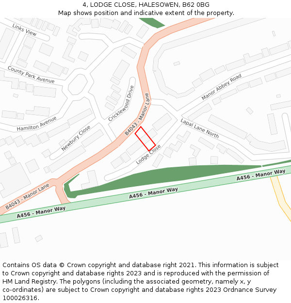 4, LODGE CLOSE, HALESOWEN, B62 0BG: Location map and indicative extent of plot