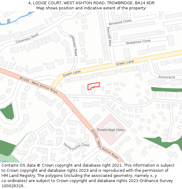 4, LODGE COURT, WEST ASHTON ROAD, TROWBRIDGE, BA14 6DR: Location map and indicative extent of plot