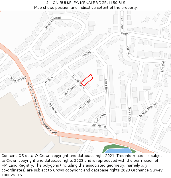 4, LON BULKELEY, MENAI BRIDGE, LL59 5LS: Location map and indicative extent of plot