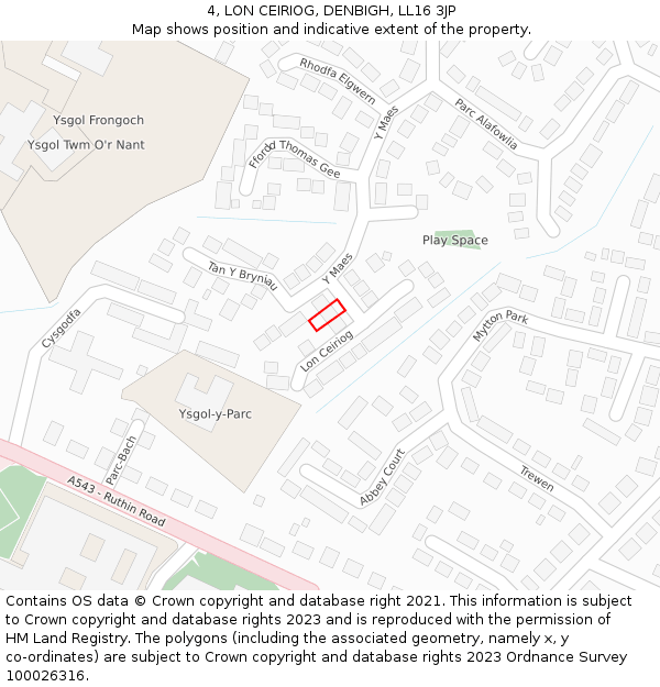 4, LON CEIRIOG, DENBIGH, LL16 3JP: Location map and indicative extent of plot