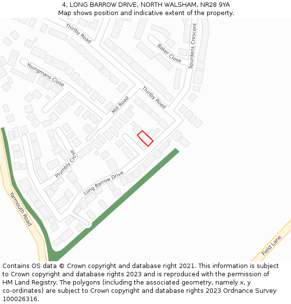 4, LONG BARROW DRIVE, NORTH WALSHAM, NR28 9YA: Location map and indicative extent of plot